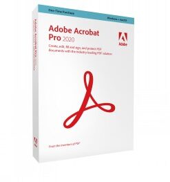 Valkoinen Adobe Acrobat Pro -ohjelmistopakkaus, jossa punainen logo ja tekstiä, kuvattuna viistosti oikealta.