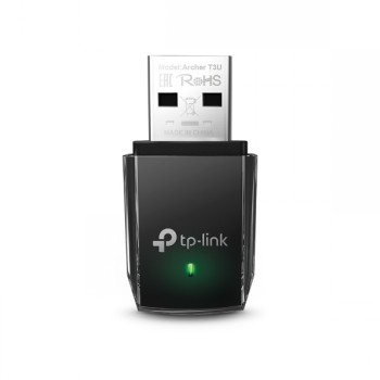 TP-Link Archer T3U AC1300 WiFi USB-adapter voor compact gebruik. TP-Link Archer T3U AC1300 zwarte mini USB WiFi-adapter met groene LED-indicator, in verticale positie.