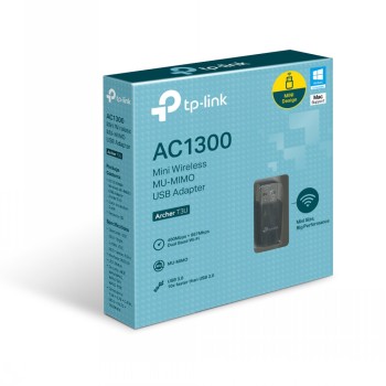 TP-Link Archer T3U AC1300 WiFi-mini-USB-adapter in verpakking TP-Link Archer T3U AC1300 mini USB WiFi-adapter in zijn verpakking, blauwgroene doos.