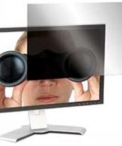 Targus Privacy Screen die aan de computermonitor wordt bevestigd, met een matte antiglare-laag en een doorzichtige beschermlaag.