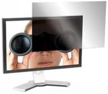 Targus Privacy Screen die aan de computermonitor wordt bevestigd, met een matte antiglare-laag en een doorzichtige beschermlaag.