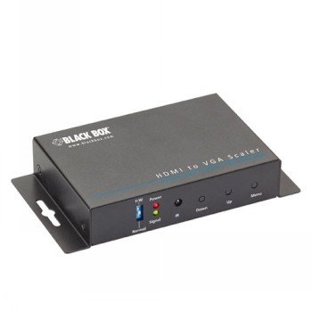 Vooraanzicht van een zwarte rechthoekige HDMI-naar-VGA-adapter met indicatorlampjes en knoppen.