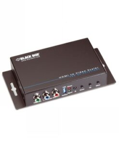 Zwarte rechthoekige HDMI-converter met kleurgecodeerde poorten en Black Box-logo in de hoek.