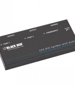 Zwarte rechthoekige Black Box DVI-D-splitter met drie poortaansluitingen en een voedingsconnector.
