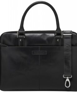 Dbramante1928 Rosenborg 14" zwarte leren aktetas (2e generatie). Zwarte 14-inch leren aktetas met glanzende afwerking, verstelbare schouderriem, draaghandvatten.