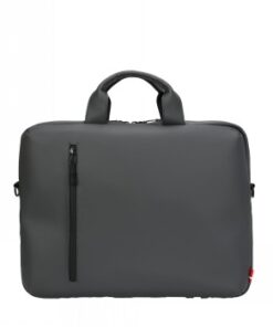 NYHAVN 15.6" aktetas, grijs - Dbramante1928 Grijze laptoptas met een ritssluiting aan de voorkant en handgrepen bovenaan, frontaal bekeken.