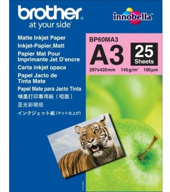 Brother Matte Inkjet Paper-pakket, blauwe achtergrond, A3-formaat, 25 vellen, met tijgerafbeelding.