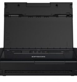 Inkjetprinter, draagbaar en compact model met open papierlade, zwarte kleur.