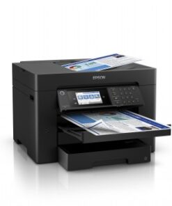 Zwarte Epson WorkForce WF-7830DTWF multifunctionele printer met LCD-monitor en open papierladen, geprinte papieren...