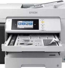Epson EcoTank ET-16685 zwart-wit multifunctionele printer met papierlade en touchscreen aan de voorkant.