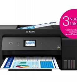 Zwart-witte Epson EcoTank ET-15000 multifunctionele printer met een slank en modern ontwerp en kleurrijke afdrukken.