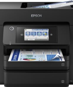 Zwarte Epson multifunctionele printer met touchscreen en twee papierladen, gefotografeerd van voren.