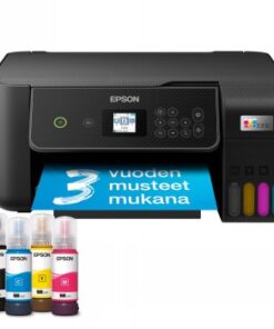 Epson EcoTank ET-2870 inkjetprinter, zwart, vooraanzicht, inclusief inktflessen.