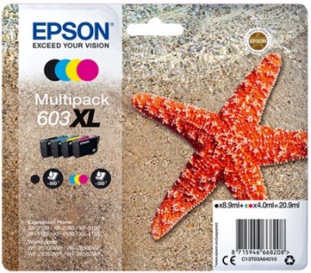 Epson 603XL inkt, een afbeelding van een oranje zeester die op een ster lijkt en verpakkingsinformatie.