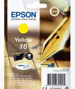 Epson Pen&C 16 gele inktcartridge in verpakking, op de achtergrond een gouden vulpenpunt.