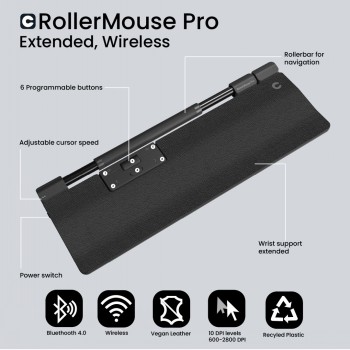 Contour Design RollerMouse Pro - ergonomische draadloze muisbesturing Draadloze en ergonomische RollerMouse Pro, met zwarte lederen polssteun en een navigatietool met twee staven op het bureau.