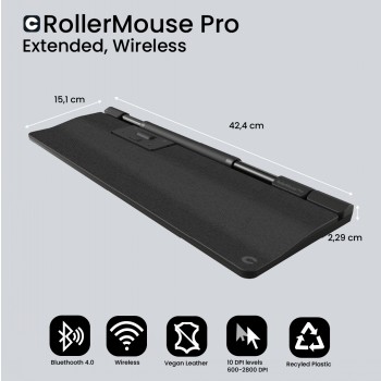 Contour Design RollerMouse Pro Extended draadloze muiscontroller. Zwarte draadloze RollerMouse Pro-controller met brede polssteun en slank profiel, van bovenaf gezien.