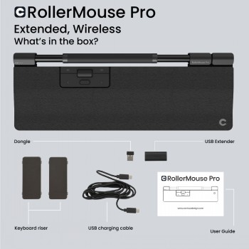 Contour Design RollerMouse Pro Extended draadloze muis en accessoires. RollerMouse Pro Extended-muis in het zwart, accessoires getoond vanuit verschillende hoeken op een grijze achtergrond.