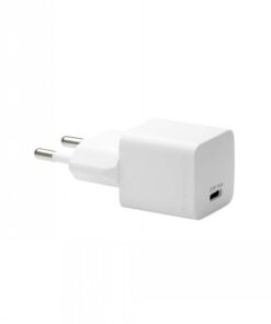 Witte, compacte 25W USB-C-netadapter met Europese stekker, van opzij bekeken.