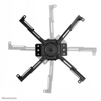 Neomounts By Newstar zwarte plafondbeugel voor projectoren gefotografeerd van bovenaf. Zwarte plafondbeugel voor projectoren, verstelbare armen en centrale bevestiging, van bovenaf gefotografeerd.
