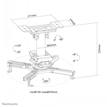 NEOMOUNTS PROJECTOR PLAFONDBEUGEL zwart, tekening met afmetingen Technische tekening van een zwarte Neomounts projector plafondbeugel, met afmetingen en aanpassingen weergegeven.