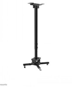 Zwarte, in hoogte verstelbare Neomounts projectormount, metalen constructie, in rechte hoek.
