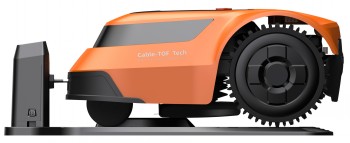 EZVIZ RM600 robotmaaier op zijn laadstation Oranje robotapparaat in zijprofiel bekeken op zijn laadstation. Wielen en modern ontwerp zichtbaar.