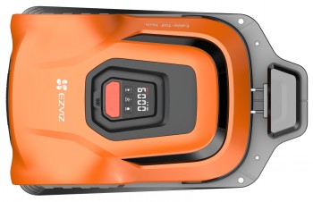 EZVIZ RM600 robotgrasmaaier voor een slim huis Oranje EZVIZ RM600 robotgrasmaaier van bovenaf bekeken, zwart-grijs frame.