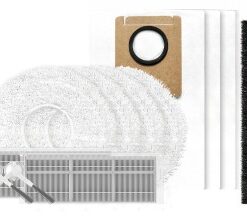 EZVIZ RS20 MAX robotstofzuigeraccessoires: filters, ronddraaiende borstels, dweildoeken, stofzak en oranje borstelrol.