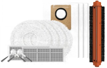EZVIZ RS20 MAX robotstofzuigeraccessoires: filters, ronddraaiende borstels, dweildoeken, stofzak en oranje borstelrol.