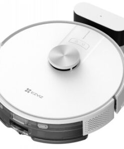 EZVIZ RE4 2IN1 robotstofzuiger met laadstation, stijlvolle witte kleur. Witte ronde robotstofzuiger bij het laadstation, modern ontwerp.