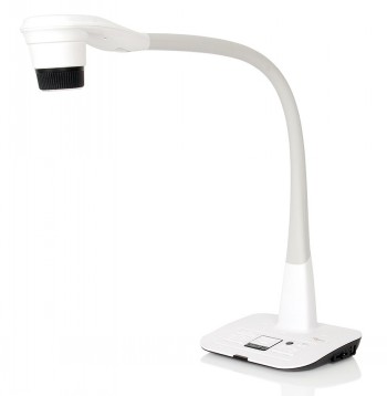 Witte bureau Optoma-documentcamera met een gebogen arm en een zwarte lens.