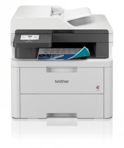 Witte en grijze draadloze 3-in-1 LED-kleurenprinter met documentinvoer, vooraan afgebeeld.