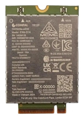Dell DW5826E Mobile Broadband 4G-netwerkadapter. Compacte printplaat, groene kleur, metalen contactoppervlakken aan de onderkant.