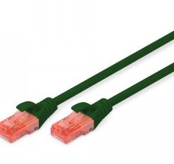 Groene netwerkkabel met aan beide uiteinden oranje RJ45-connectoren, lengte 1 meter.