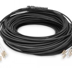 Zwarte Digitus breakout-kabel met acht glasvezelkern-verbindingen, LC/UPC-connectoren aan beide uiteinden.