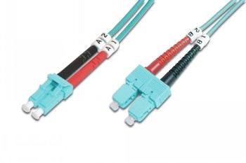 Lichtblauwe LC-SC-netwerkkabelconnectoren en een turquoise kabel op een witte achtergrond.