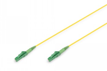 Eenvoudige gele LC/APC-glasvezelkabel, 1 meter, met groene connectoren aan beide uiteinden.