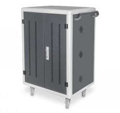 Grijze en witte ladingswagen met vier wielen en ventilatieopeningen op het voorpaneel.