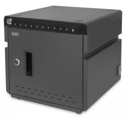 Zichtbare voorkant van een zwarte tafelgrote oplaadkast met een slotdeur en ventilatieopeningen.