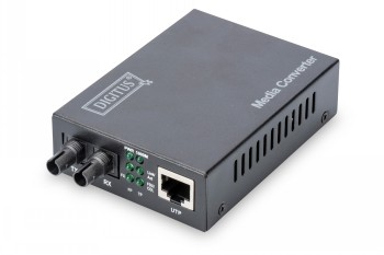 Digitus Gigabit Ethernet Media Converter - Multimode Glasvezelomzetter Zwarte rechthoekige Digitus Gigabit Ethernet-mediaconverter met aansluitingen aan de voorkant.