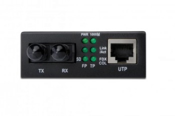 Digitus Gigabit Ethernet-mediaconverter multimode, compact zwart design Zwarte Digitus Gigabit Ethernet-mediaconverter met poorten TX, RX en UTP, en LED-lampjes als indicatielichten.