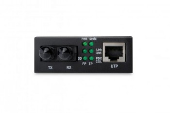 DIGITUS Gigabit Ethernet-mediaconverter voor multimode-gebruik Zwarte Gigabit Ethernet-mediaconverter met LED-lampjes en poorten zichtbaar aan de voorkant.