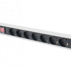 1U aluminium PDU, horizontaal gemonteerd, met 7 beveiligde stopcontacten, zwart en zilverkleurig metalen frame, rode aan/uit-schakelaar.