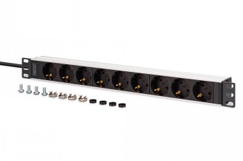 Zilverkleurig 1U aluminium stopcontactpaneel met 8 afgeschermde stopcontacten en 1 16A-uitgang. Inclusief bevestigingsmateriaal.