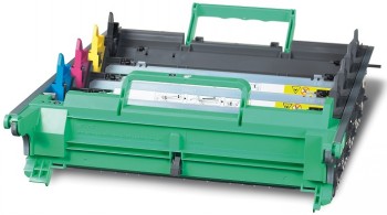 Onderdeel van een kleurencartridge-accessoire, inclusief gele, magenta, cyaan en zwarte eenheid met een groen frame.