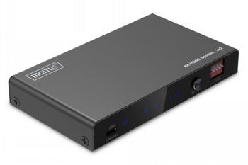 Zwarte rechthoekige HDMI-splitter met aansluitingen, knoppen en het Digitus-logo.