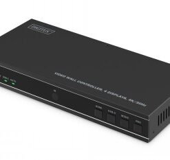 Digitus Videowand Controller, 4 monitors, 4K/30Hz - stijlvol en krachtig bedieningsapparaat. Zwarte rechthoekige Digitus videowand-controller, vier knoppen en indicatielampjes aan de voorkant.
