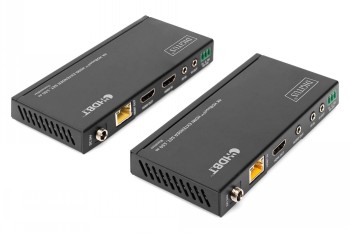 Twee zwarte, rechthoekige HDMI Extender zender en ontvanger, aansluitingen zichtbaar.
