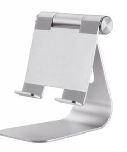 Zilverkleurige tablethouder voor één monitor, stevig metalen ontwerp en modern design.